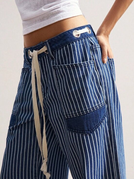 Pants - Dark Wash Stripe Cargo Denim Pants